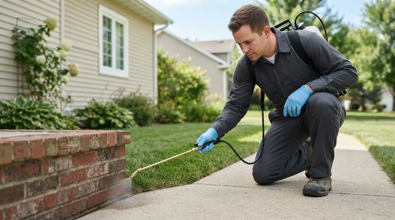 Pest control technician treating a home near Henderson, NC