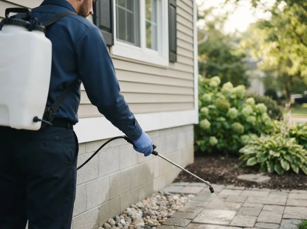 Pest control technician inspecting a home in Henderson, NC